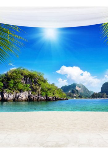 ARTGEIST Natur fototapet med udsigt over strand, palmeblade, hav og bjerglandskab (flere strrelser)