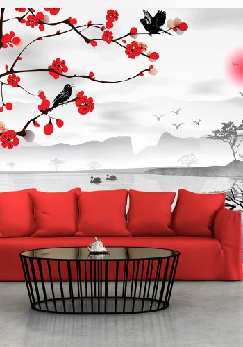 ARTGEIST Fototapet med illustration af kirsebrtr og fugle i japansk landskab (flere strrelser)