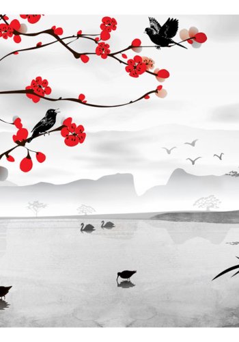 ARTGEIST Fototapet med illustration af kirsebrtr og fugle i japansk landskab (flere strrelser)