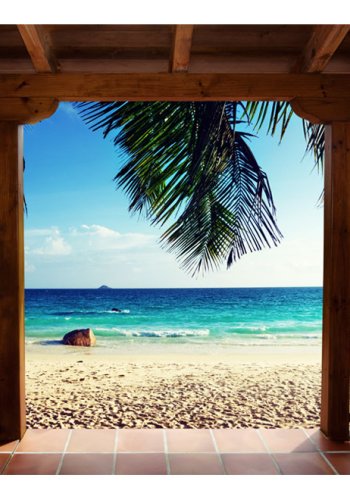 ARTGEIST Fototapet med motiv af feriehus med terrasse ved strand med palmer (flere strrelser)