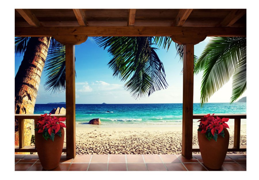 ARTGEIST Fototapet med motiv af feriehus med terrasse ved strand med palmer (flere strrelser)