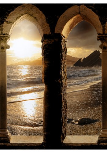 ARTGEIST Fototapet med motiv af arkitektur og udsigt til solnedgang ved stranden (flere strrelser)