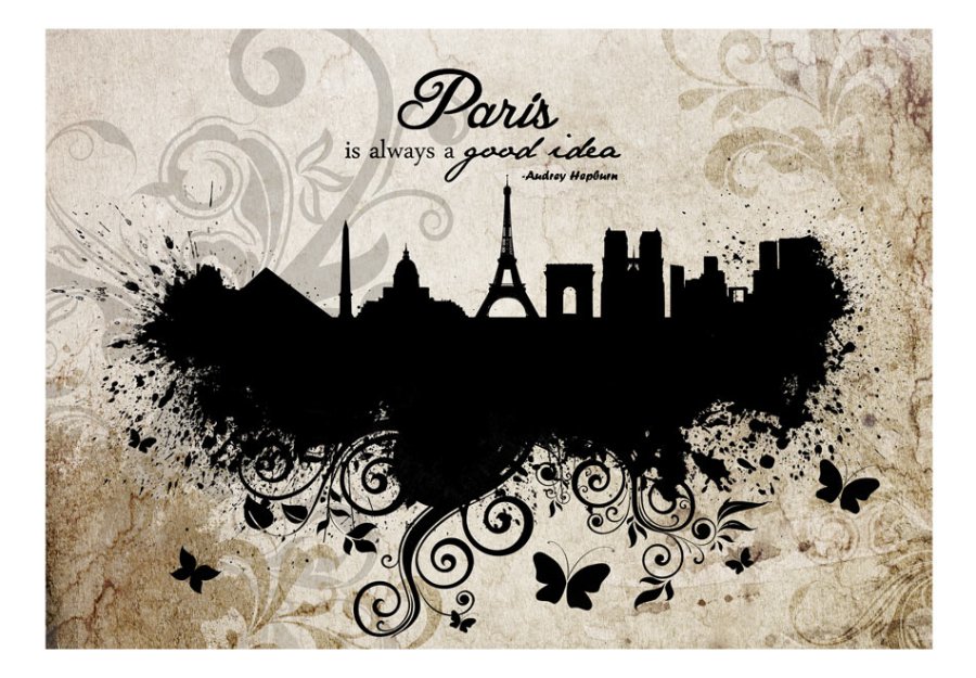 ARTGEIST Fototapet med grafisk illustration af Paris og citat p vintage baggrund (flere strrelser)