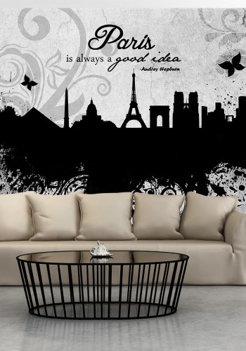 ARTGEIST - Fototapet i sort/hvid af Paris med citat af Audrey Hepburn - Flere strrelser