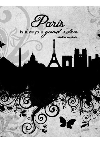 ARTGEIST - Fototapet i sort/hvid af Paris med citat af Audrey Hepburn - Flere strrelser