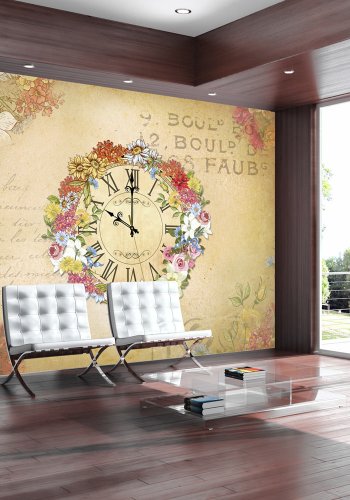 ARTGEIST - Fototapet af retro ur indhyllet i en blomsterkrans - Flere strrelser