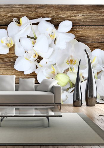 ARTGEIST - Fototapet af hvid orkidé p baggrund af gammelt tr - Flere strrelser