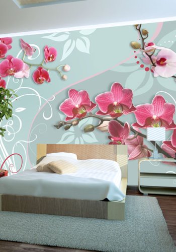 ARTGEIST - Fototapet af orkidéer p bl blomstret baggrund - Flere strrelser