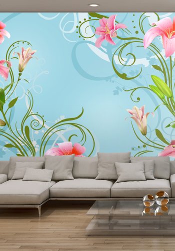 ARTGEIST - Fototapet med lyserde liljer p bl baggrund - Flere strrelser