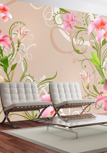 ARTGEIST - Fototapet med lyserde liljer p beige baggrund - Flere strrelser