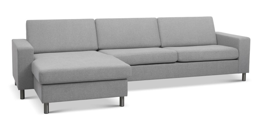 Pan set 8 3D XL sofa, m. chaiselong - gr polyester stof og brstet aluminium