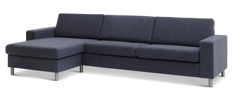 Pan set 8 3D XL sofa, m. chaiselong - bl polyester stof og brstet aluminium