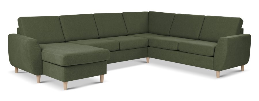 Wendy set 6 U 2C3D sofa, m. chaiselong - vinter mosgrn polyester stof og natur tr
