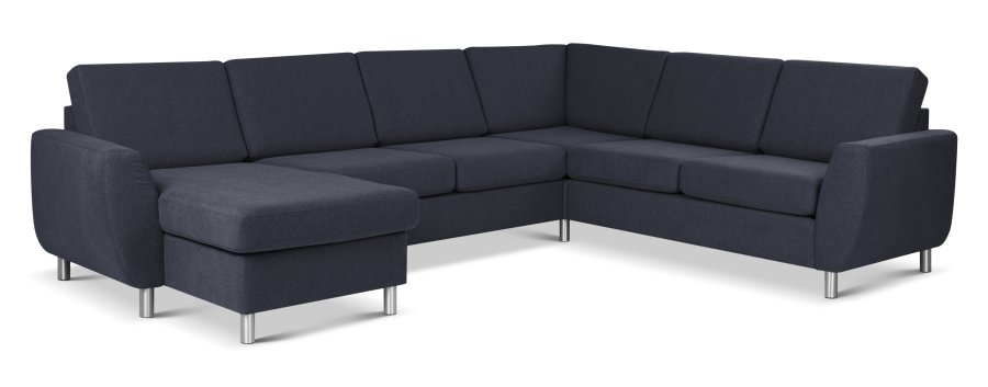 Wendy set 6 U 2C3D sofa, m. chaiselong - bl polyester stof og brstet aluminium