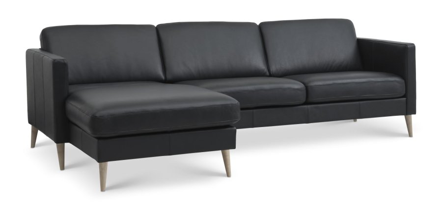 Ask st 51 3D sofa, m. chaiselong - sort semianilin lder og natur tr.