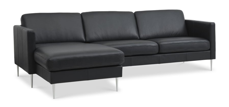 Ask st 51 3D sofa, m. chaiselong - sort semianilin lder og brstet aluminium