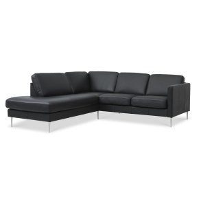 Ask st 52 lille OE sofa, m. venstre chaiselong - sort semianilin lder og brstet aluminium