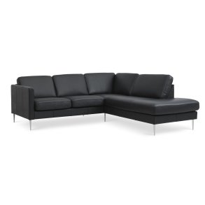 Ask st 53 lille OE sofa, m. hjre chaiselong - sort semianilin lder og brstet aluminium