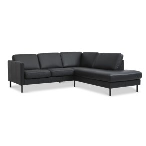 Ask st 53 lille OE sofa, m. hjre chaiselong - sort semianilin lder og sort metal