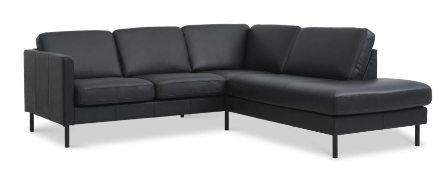 Ask st 53 lille OE sofa, m. hjre chaiselong - sort semianilin lder og sort metal