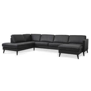 Ask st 54 U OE sofa, m. venstre chaiselong - sort semianilin lder og sort tr