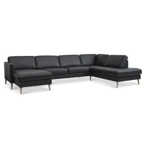 Ask st 55 U OE sofa, m. hjre chaiselong - sort semianilin lder og natur tr