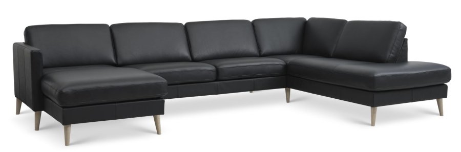Ask st 55 U OE sofa, m. hjre chaiselong - sort semianilin lder og natur tr