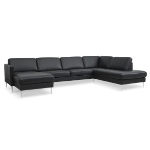 Ask st 55 U OE sofa, m. hjre chaiselong - sort semianilin lder og brstet aluminium