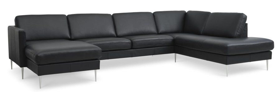 Ask st 55 U OE sofa, m. hjre chaiselong - sort semianilin lder og brstet aluminium
