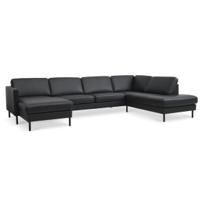Ask st 55 U OE sofa, m. hjre chaiselong - sort semianilin lder og sort metal