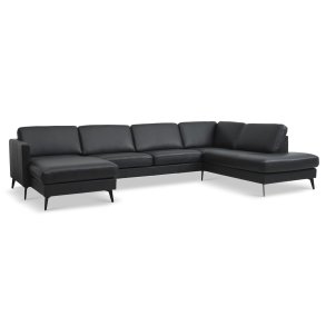 Ask st 55 U OE sofa, m. hjre chaiselong - sort semianilin lder og Eiffel ben