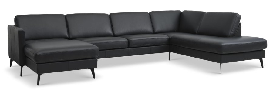 Ask st 55 U OE sofa, m. hjre chaiselong - sort semianilin lder og Eiffel ben