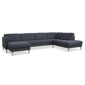 Ask st 55 U OE sofa, m. hjre chaiselong - navy bl polyester stof og natur tr