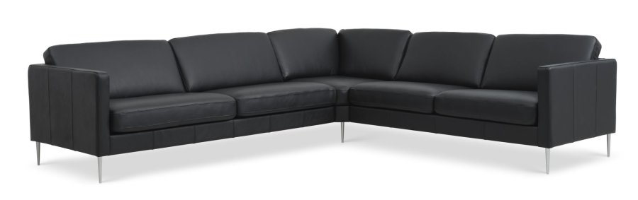 Ask st 57 hjrnesofa - sort semianilin lder og brstet aluminium
