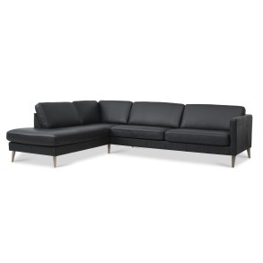 Ask st 60 stor OE sofa, m. venstre chaiselong - sort semianilin lder og natur tr
