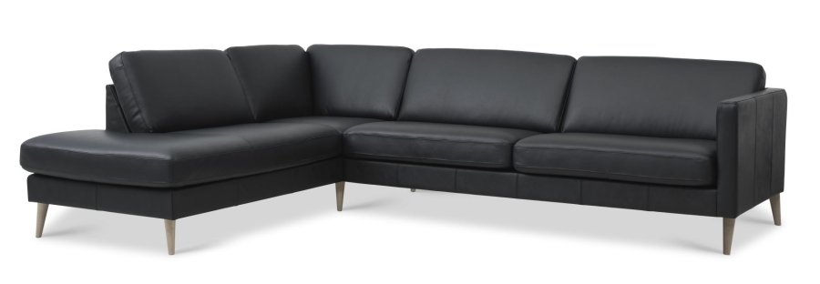 Ask st 60 stor OE sofa, m. venstre chaiselong - sort semianilin lder og natur tr