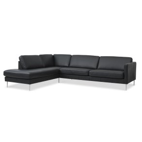 Ask st 60 stor OE sofa, m. venstre chaiselong - sort semianilin lder og brstet aluminium