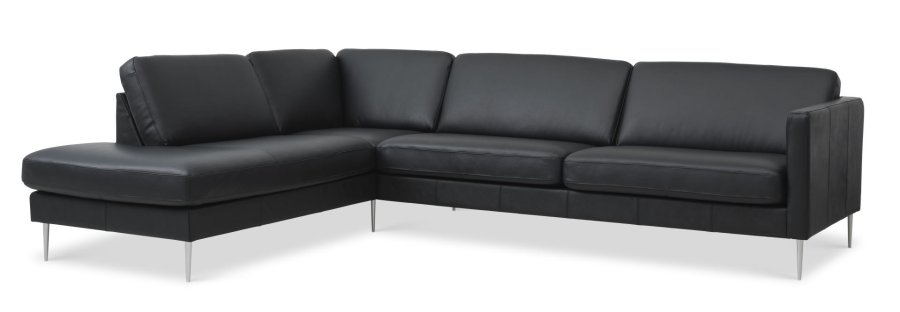 Ask st 60 stor OE sofa, m. venstre chaiselong - sort semianilin lder og brstet aluminium