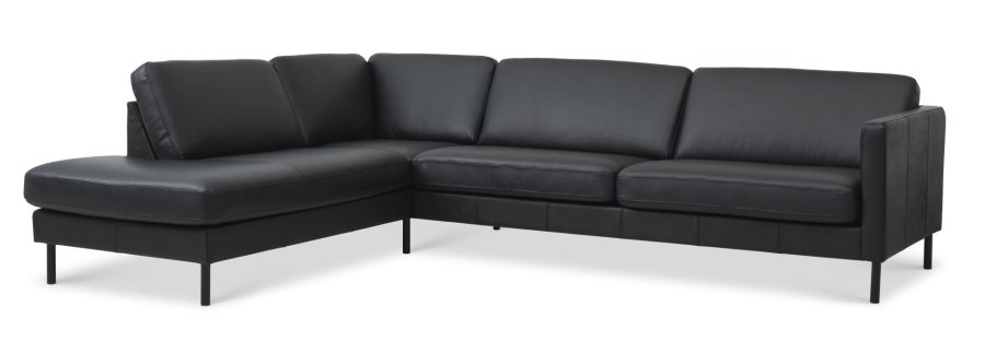 Ask st 60 stor OE sofa, m. venstre chaiselong - sort semianilin lder og sort metal