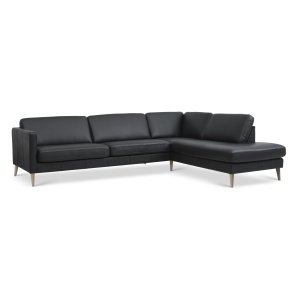 Ask st 61 stor OE sofa, m. hjre chaiselong - sort semianilin lder og natur tr