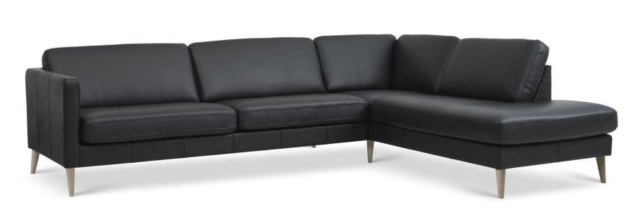 Ask st 61 stor OE sofa, m. hjre chaiselong - sort semianilin lder og natur tr