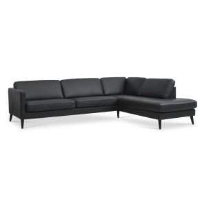 Ask st 61 stor OE sofa, m. hjre chaiselong - sort semianilin lder og sort tr