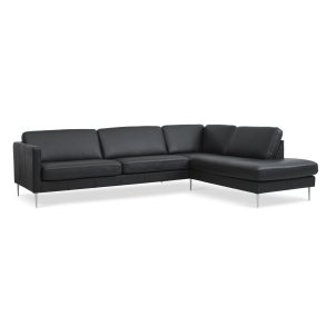 Ask st 61 stor OE sofa, m. hjre chaiselong - sort semianilin lder og brstet aluminium