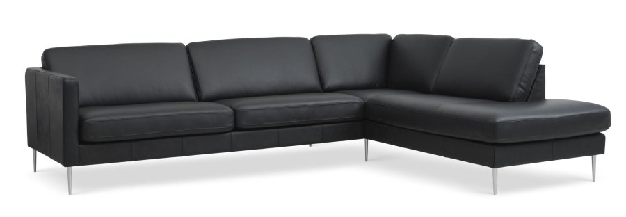 Ask st 61 stor OE sofa, m. hjre chaiselong - sort semianilin lder og brstet aluminium