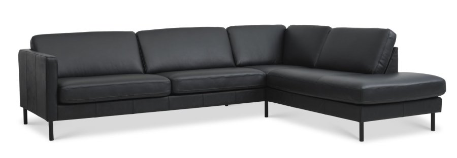Ask st 61 stor OE sofa, m. hjre chaiselong - sort semianilin lder og sort metal