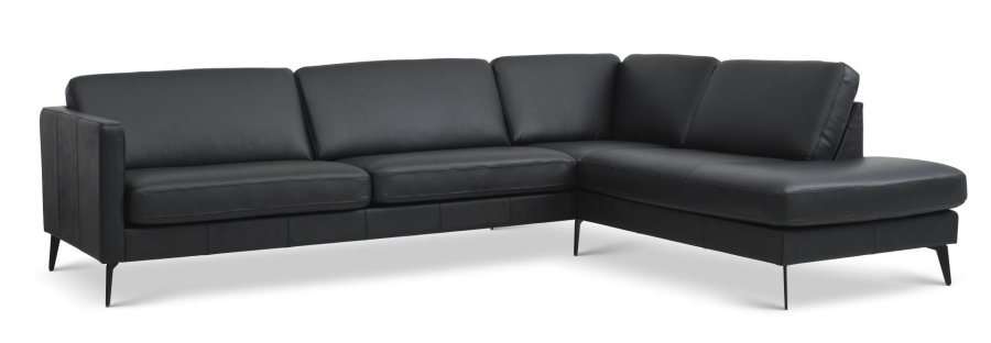 Ask st 61 stor OE sofa, m. hjre chaiselong - sort semianilin lder og Eiffel ben