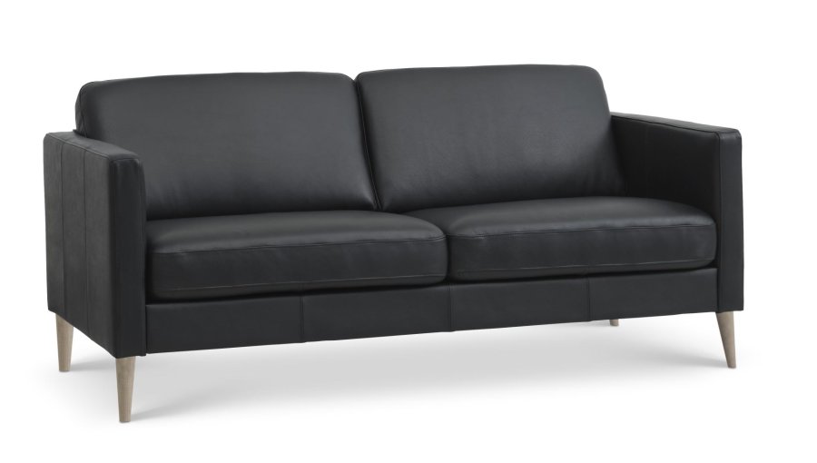Ask 2,5 pers. sofa - sort semianilin lder og natur tr