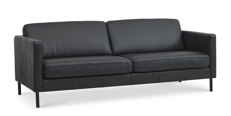 Ask 3 pers. sofa - sort semianilin lder og sort metal