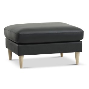 Ask puf, rektangulr - sort semianilin lder og natur tr (85x70)