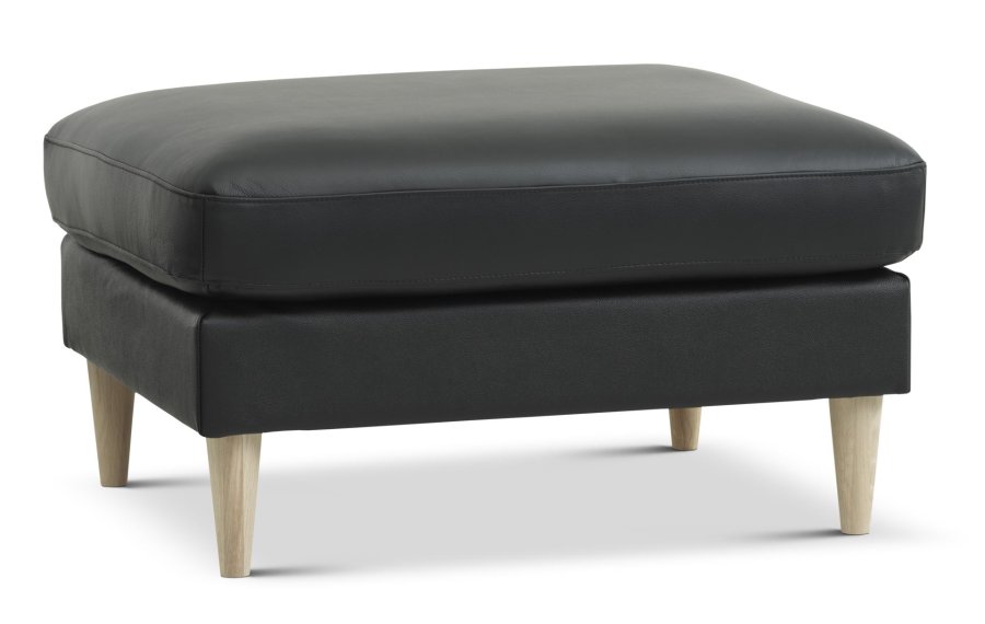 Ask puf, rektangulr - sort semianilin lder og natur tr (85x70)